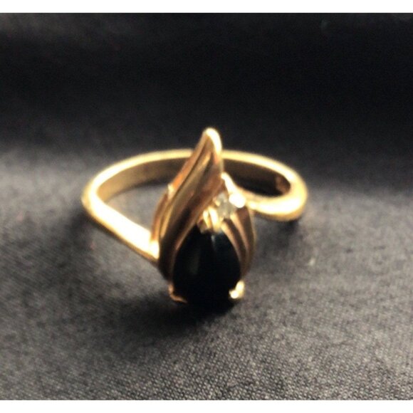 Gold Plated Teardrop Black Onyx Obsta Ring With Clear Stone Accent Size 7 - Picture 2 of 7